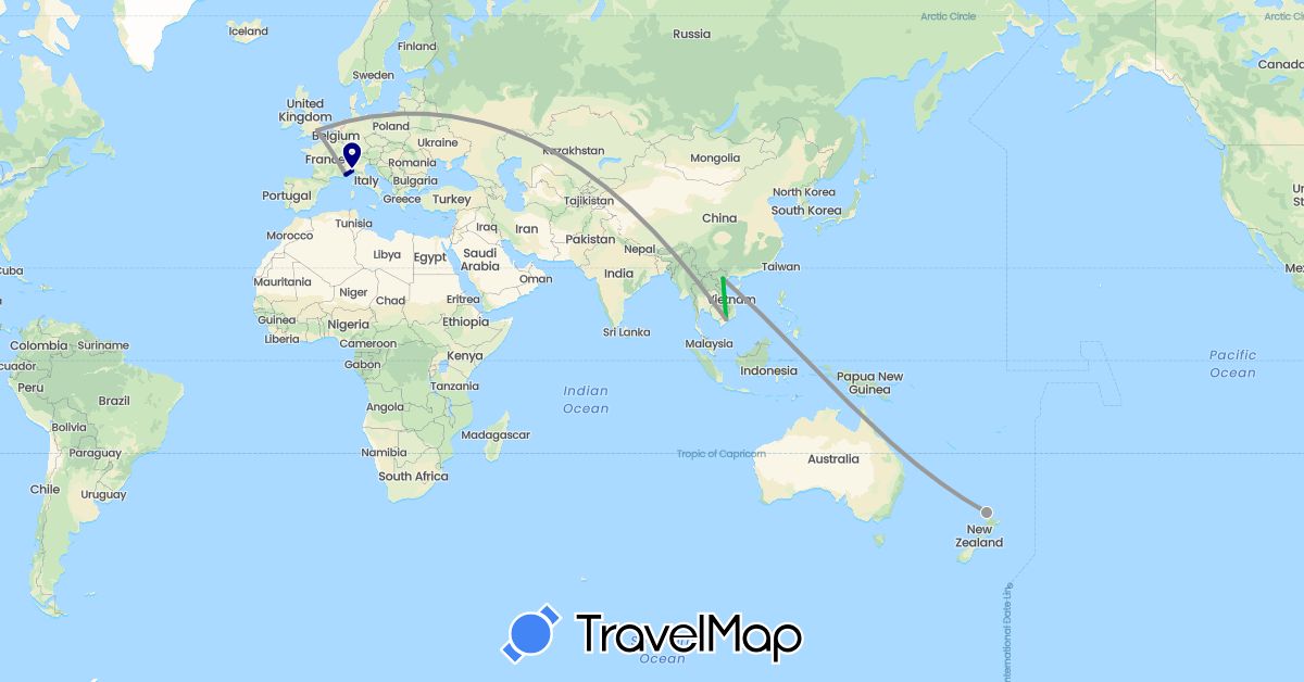TravelMap itinerary: driving, bus, plane in France, United Kingdom, Italy, New Zealand, Vietnam (Asia, Europe, Oceania)